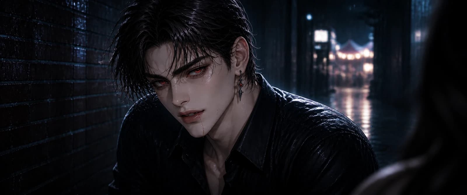 Lucian reveals his vampire nature on a rainy campus festival night