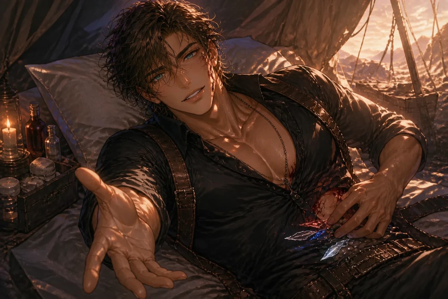 Wounded Kylen smiling as he reaches toward the healer