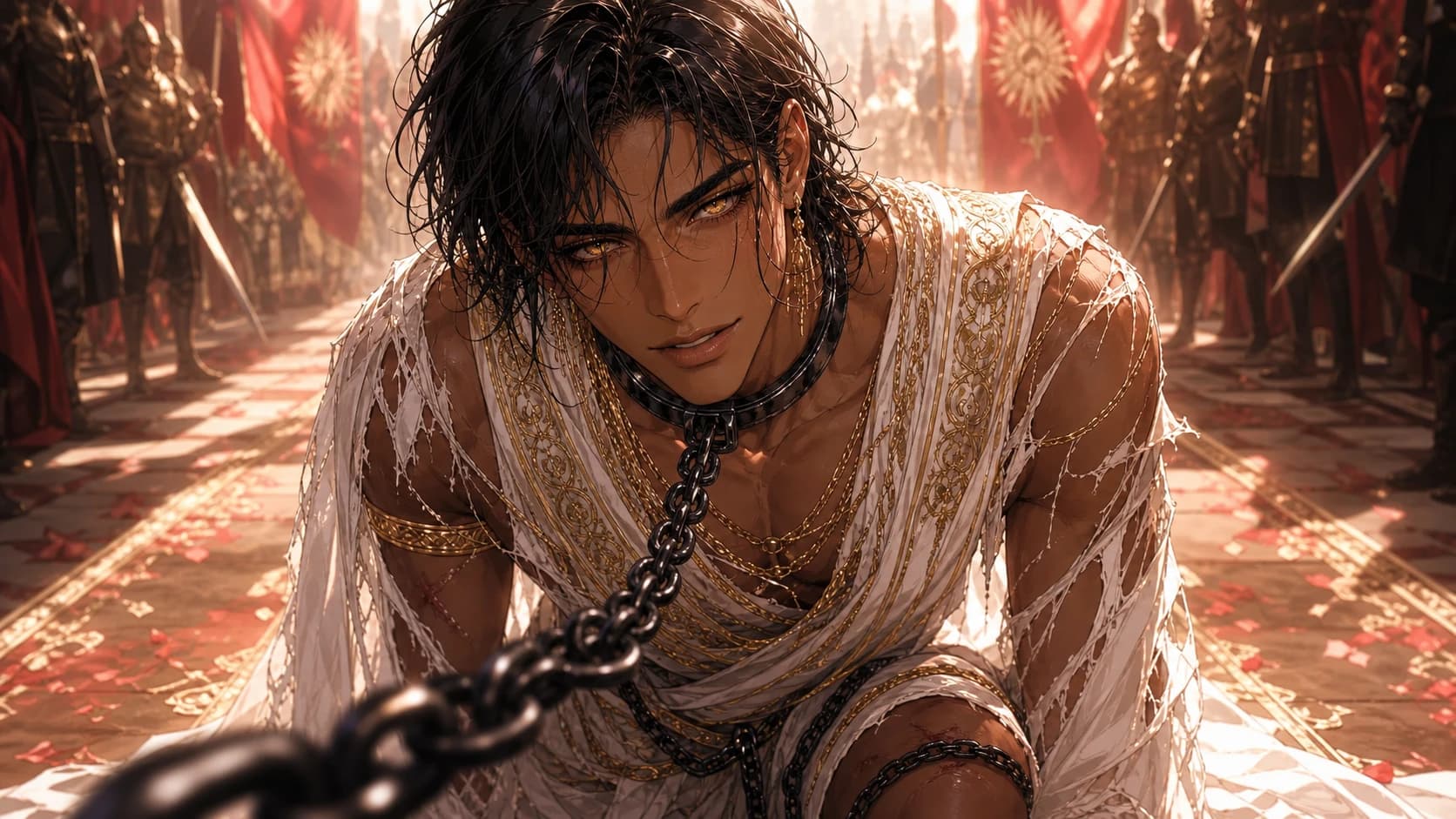 Sion kneels before the queen while choosing who holds his chain