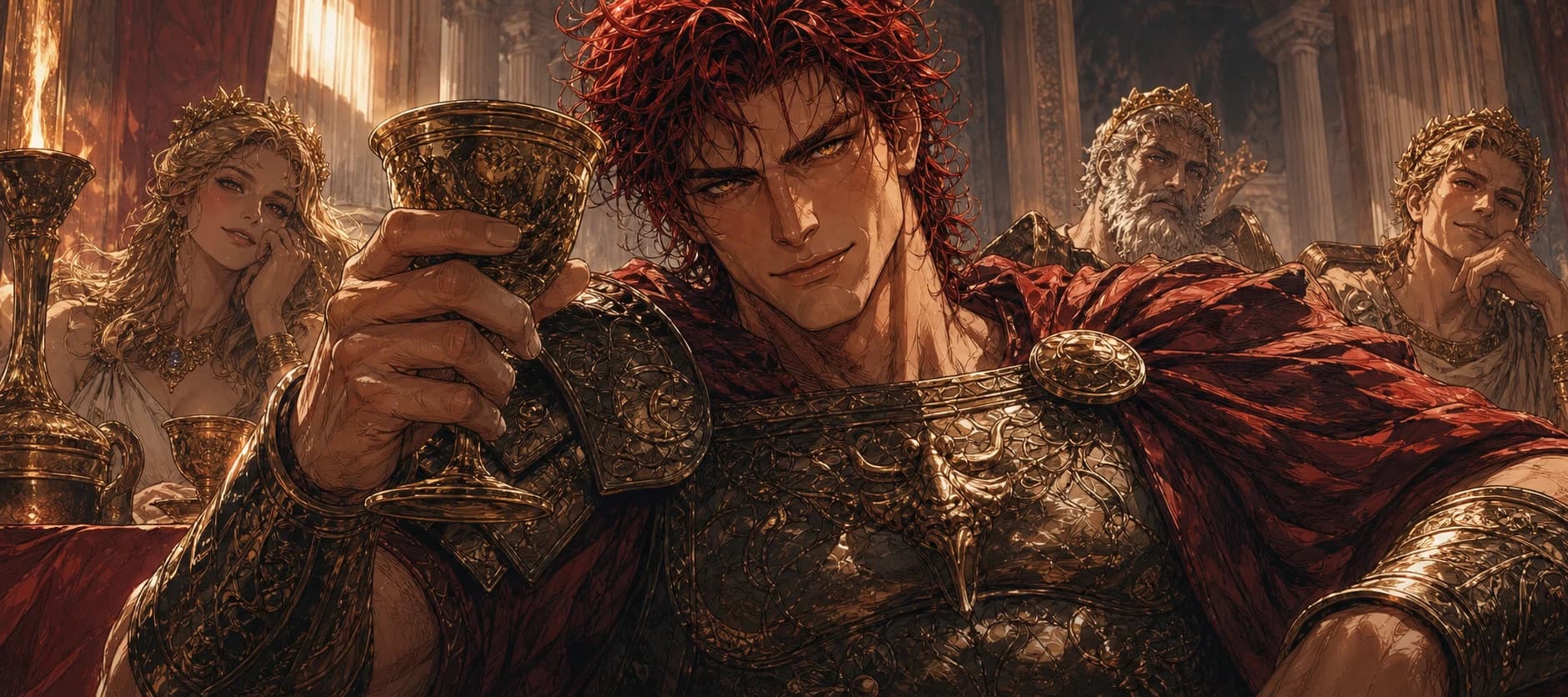 Ares raises his cup while the gods judge the mortal pet