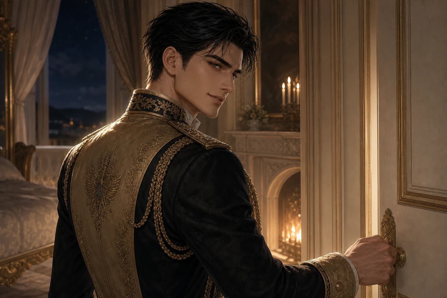 Kael turns back at the locked bedchamber door after Lena identifies his sword hand