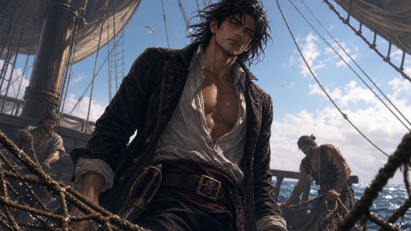 Soren appraises the mermaid caught in the Black Vow's net