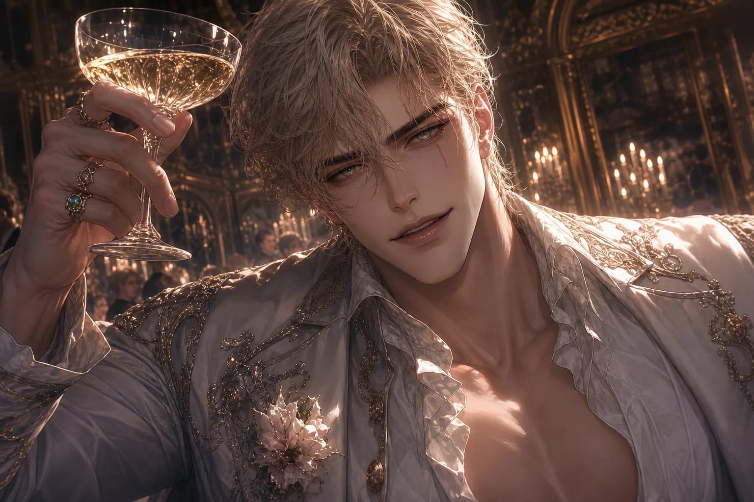 Darien lifts the offered champagne glass out of reach and leans close